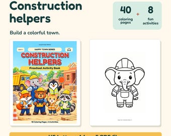 Op de afbeelding: Een digitaal printbaar activiteitenboek getiteld Construction Helpers met 40 kleurplaten en 8 activiteiten. De omslag toont getekende dieren in werkkleding op een bouwplaats. Inclusief US Letter en A4-formaten in 5 PDF-bestanden.