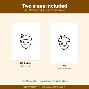 May include: A digital colouring page featuring a cute acorn character with a smiling face and a small hat. The image displays two document sizes: US Letter at 21.59 cm by 27.94 cm and A4 at 21.0 cm by 29.7 cm, with text stating Two sizes included.