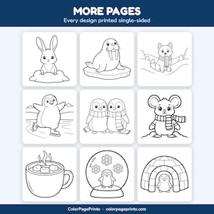 May include: A collection of nine black and white coloring pages featuring winter themes. Illustrations include a rabbit, walrus, dog, penguin ice skating, two penguins with scarves, a mouse, a mug of cocoa, a snow globe, and an igloo. Text reads MORE PAGES.