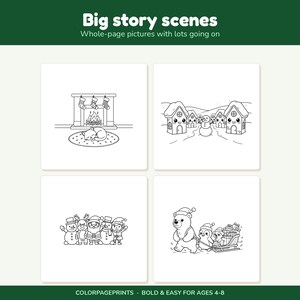 May include: A coloring book page titled Big story scenes featuring four black and white line art illustrations: a cat by a fireplace, a snowy village with a snowman, a group of holiday characters, and a bear pulling a sleigh with gifts.