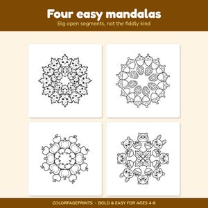 May include: A colouring page titled Four easy mandalas with the subtitle Big open segments, not the fiddly kind. It features four black and white circular designs: one with maple leaves, one with acorns, one with pumpkins, and one with forest animals.