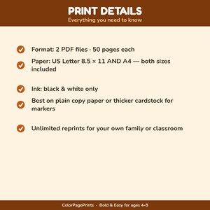 K&ouml;nnte beinhalten: Eine informative Grafik mit dem Titel PRINT DETAILS Everything you need to know. Sie listet Spezifikationen auf: 2 PDF-Dateien mit je 50 Seiten, US Letter 8,5 x 11 und A4 Formate, nur Schwarz-Wei&szlig;-Tinte, Nutzung auf Papier oder Karton, unbegrenzte Drucke.