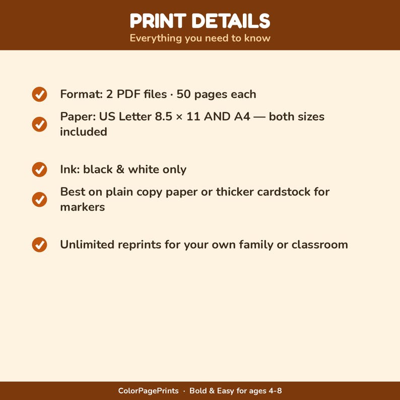 K&ouml;nnte beinhalten: Eine informative Grafik mit dem Titel PRINT DETAILS Everything you need to know. Sie listet Spezifikationen auf: 2 PDF-Dateien mit je 50 Seiten, US Letter 8,5 x 11 und A4 Formate, nur Schwarz-Wei&szlig;-Tinte, Nutzung auf Papier oder Karton, unbegrenzte Drucke.