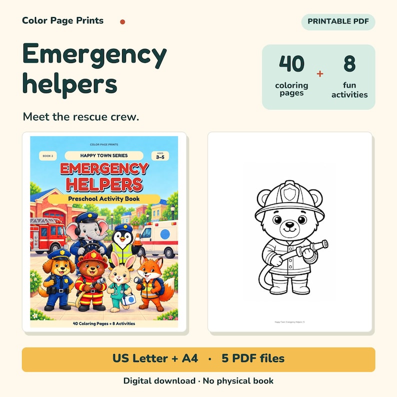 Emergency Helpers Coloring & Activity Book, Ages 3–5, Printable PDF image 1
