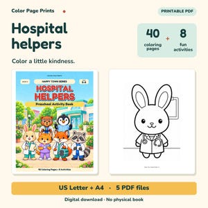 Hospital Helpers Coloring & Activity Book, Ages 3–5, Printable PDF imagen 1