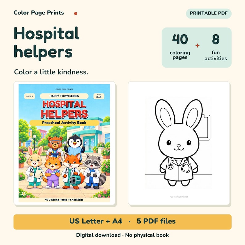 Hospital Helpers Coloring & Activity Book, Ages 3–5, Printable PDF imagen 1