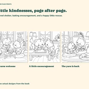 Three actual coloring scenes show a rainy-day welcome, baking encouragement, and two kittens sharing yarn.