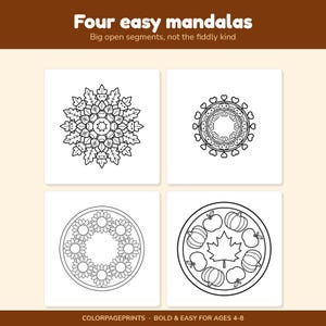 K&ouml;nnte beinhalten: Ein Malbuch-Set mit dem Titel Four easy mandalas, Big open segments, not the fiddly kind. Es enth&auml;lt vier kreisf&ouml;rmige Schwarz-Wei&szlig;-Mandalas mit Eicheln, Herzen, Sonnenblumen und herbstlichen Motiven wie K&uuml;rbissen und &Auml;pfeln.