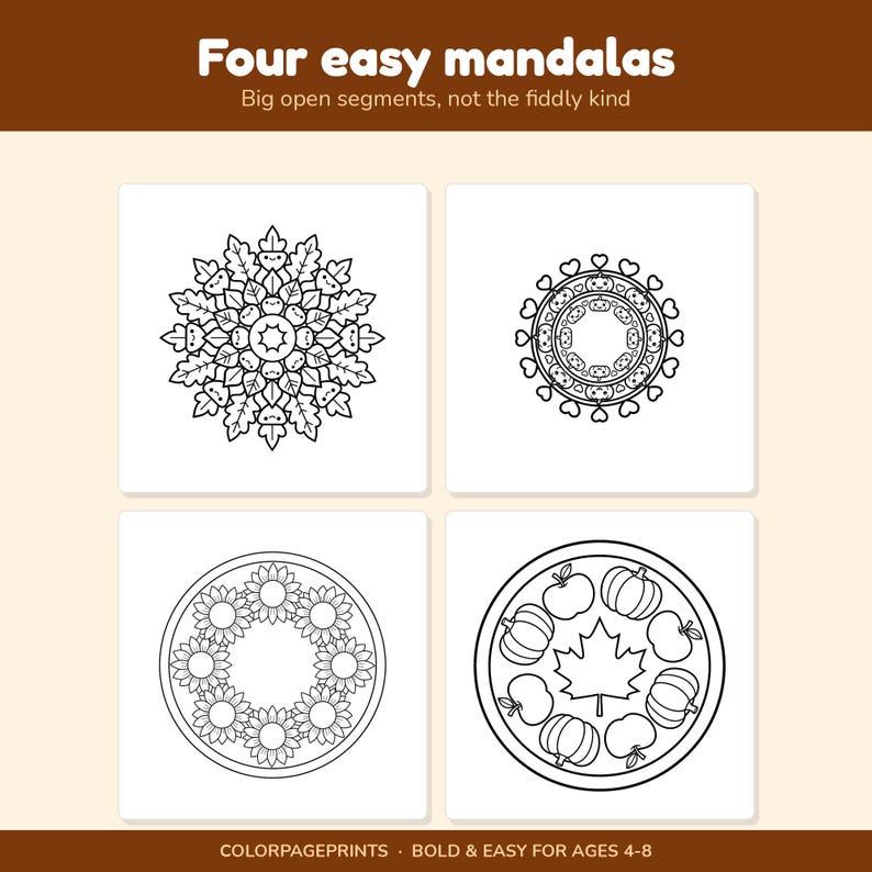 K&ouml;nnte beinhalten: Ein Malbuch-Set mit dem Titel Four easy mandalas, Big open segments, not the fiddly kind. Es enth&auml;lt vier kreisf&ouml;rmige Schwarz-Wei&szlig;-Mandalas mit Eicheln, Herzen, Sonnenblumen und herbstlichen Motiven wie K&uuml;rbissen und &Auml;pfeln.