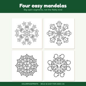 May include: A coloring page titled Four easy mandalas featuring four black and white circular designs. The patterns include stars with ornaments, gingerbread people with candy canes, a floral holly motif, and mittens with a central face.