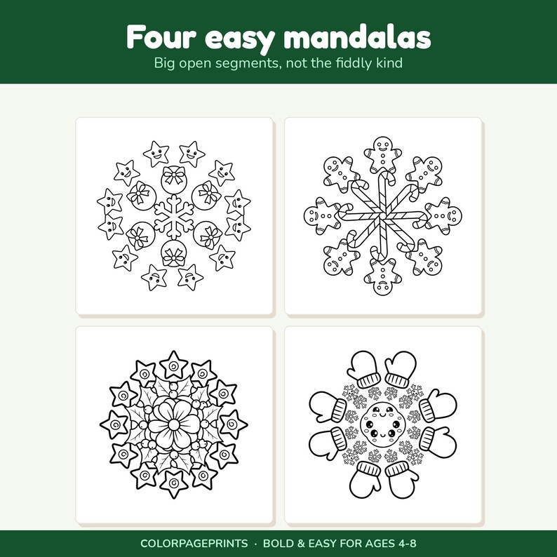 May include: A coloring page titled Four easy mandalas featuring four black and white circular designs. The patterns include stars with ornaments, gingerbread people with candy canes, a floral holly motif, and mittens with a central face.