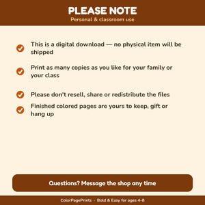 K&ouml;nnte beinhalten: Eine digitale Informationsgrafik mit einer braunen Kopfzeile mit der Aufschrift PLEASE NOTE Personal & classroom use. Sie enth&auml;lt vier Aufz&auml;hlungspunkte mit orangefarbenen H&auml;kchen zu den Nutzungsbedingungen und endet mit einem braunen Button Questions? Message the shop any time.