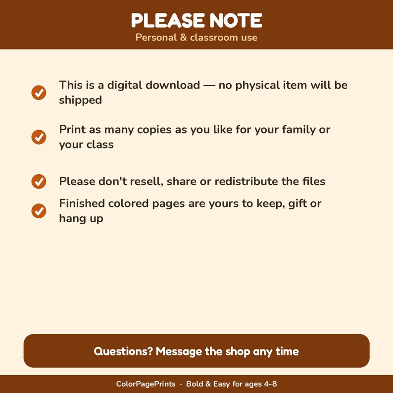 K&ouml;nnte beinhalten: Eine digitale Informationsgrafik mit einer braunen Kopfzeile mit der Aufschrift PLEASE NOTE Personal & classroom use. Sie enth&auml;lt vier Aufz&auml;hlungspunkte mit orangefarbenen H&auml;kchen zu den Nutzungsbedingungen und endet mit einem braunen Button Questions? Message the shop any time.