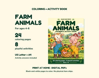 Farm Animals Coloring & Activity Book for Kids Ages 4-8, Printable PDF, 24 Coloring Pages + 8 Activities, Letter and A4