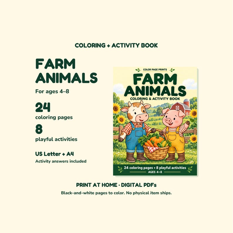 Farm Animals Coloring & Activity Book for Kids Ages 4-8, Printable PDF, 24 Coloring Pages + 8 Activities, Letter and A4 image 1