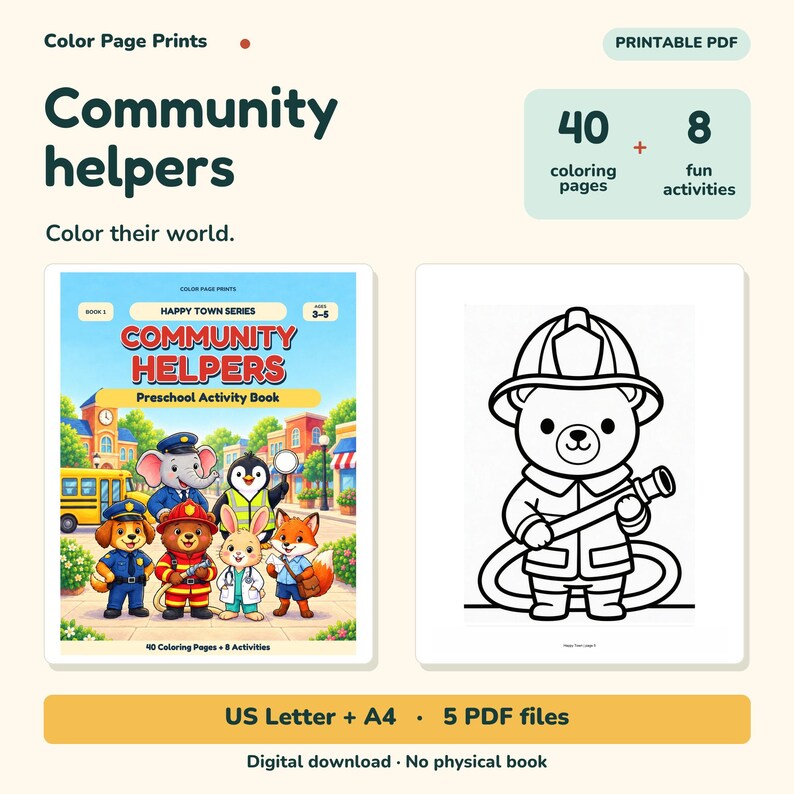 Op de afbeelding: Een digitaal printbaar PDF-activiteitenboek getiteld Community Helpers met 40 kleurplaten en 8 activiteiten. De omslag toont dieren in diverse beroepen, terwijl een voorbeeldpagina een beer als brandweerman laat zien.