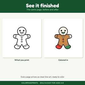 May include: A printable coloring page featuring a gingerbread person. The left side shows black and white line art labeled 'What you print', while the right side shows the same figure colored in brown, red, and green, labeled 'Colored in'.