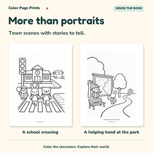 Op de afbeelding: Twee zwart-wit kleurboekpagina's met stadssc&egrave;nes. De linkerpagina toont een schooloversteekplaats met dierenfiguren, de rechterpagina toont een brandweerman en een kind bij een parkplattegrond. Tekst: Color Page Prints, More than portraits, Town scenes with stories to tell, INSIDE THE BOOK, A school crossing, A helping hand at the park.