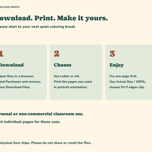 Three printing steps: download using Etsy in a browser, choose Letter or A4, and test one page before printing more.