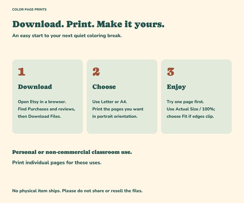 Three printing steps: download using Etsy in a browser, choose Letter or A4, and test one page before printing more.