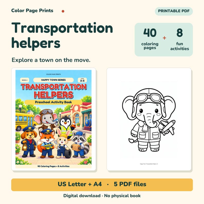 Transportation Helpers Coloring & Activity Book, Ages 3–5, Printable PDF image 1