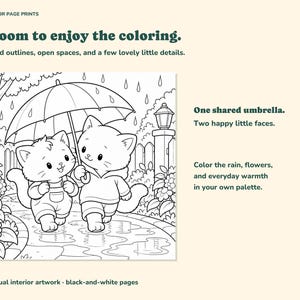Two kitten friends share an umbrella on a rainy garden path; actual black-and-white interior with bold outlines.
