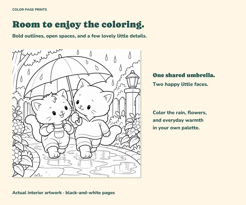 Two kitten friends share an umbrella on a rainy garden path; actual black-and-white interior with bold outlines.