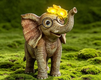 Estatua de elefante para jardín con luz LED solar, figuras exteriores impermeables, divertida decoración de elefante para patio, adorno de resina para césped y jardín.