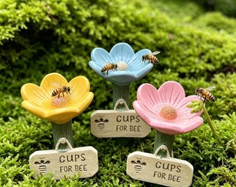 Estación de agua para abejas de cerámica con forma de flor, vasos para polinizadores hechos a mano para el jardín, arte para exteriores para amantes de la naturaleza, vasos para abejas.
