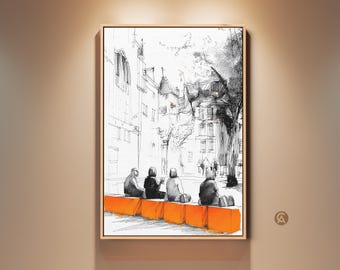 May include: A framed art print showing a street scene in a sketch style. The artwork depicts a row of buildings and four figures sitting on an orange bench. The buildings are in black and white, while the bench has an orange hue.