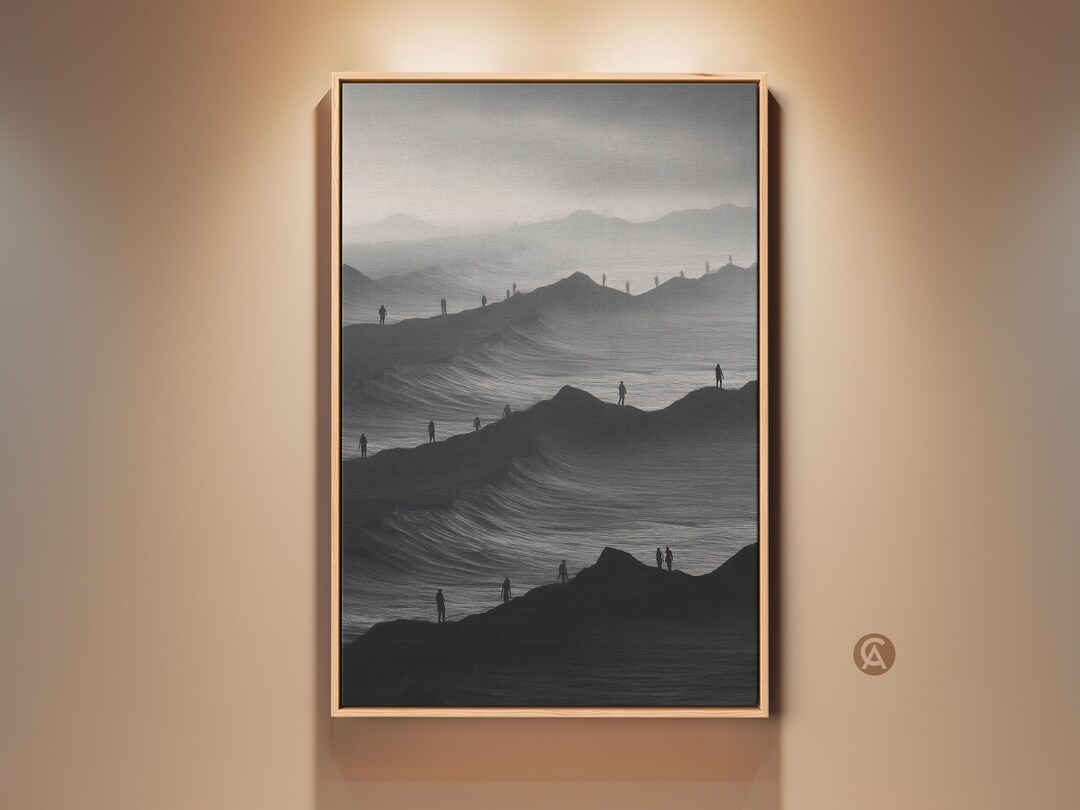 Monochrome Mountain Landscape Wall Art Print, Abstract Surreal Figures ...