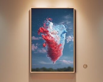 May include: A framed art print featuring a dynamic splash of red, white, and blue liquid against a blue sky with clouds. The artwork is displayed on a beige wall, creating a striking contrast.