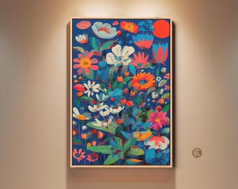 Botanical Folk Art Print - Deep Blue Floral Wall Art, Orange & Teal Flowers Canvas Print, Eclectic Home Decor, Gift for Plant Lovers