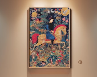 Medieval Knight Tapestry Art Print, Knight on Horseback Wall Art, Emerald Green & Gold Historical Fantasy Canvas Print