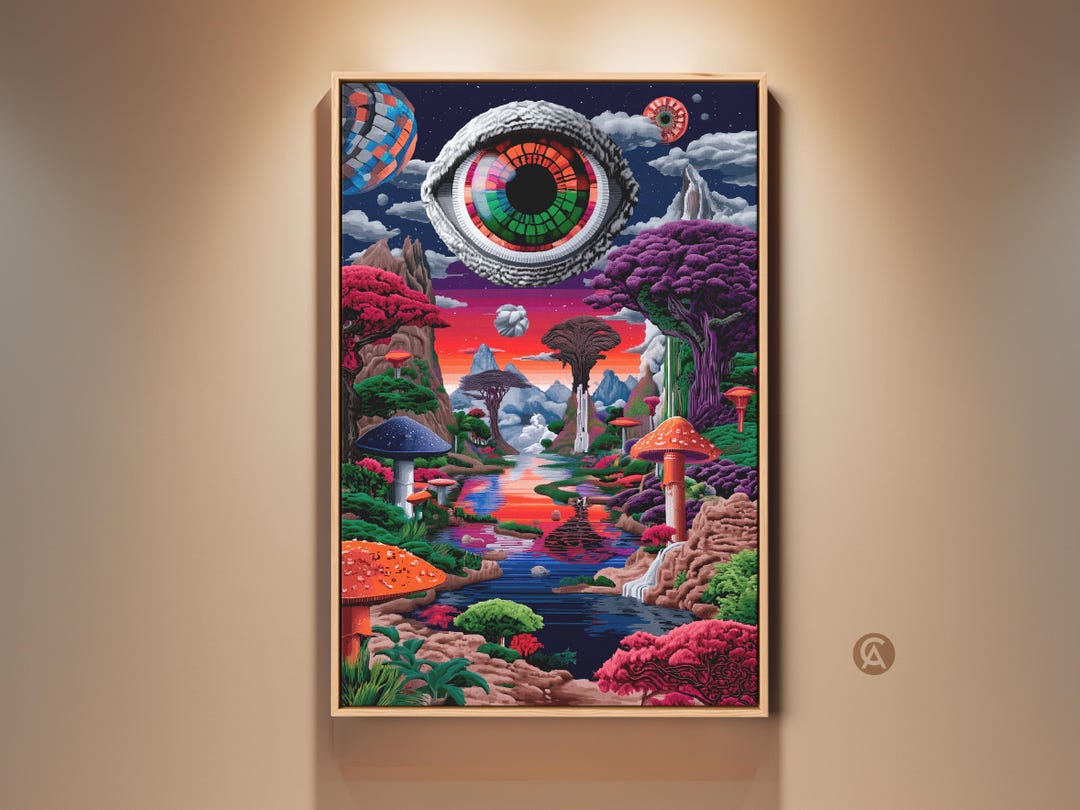 Surreal Landscape Art Print, Giant Eye Mushroom Forest Canvas Wall Art ...