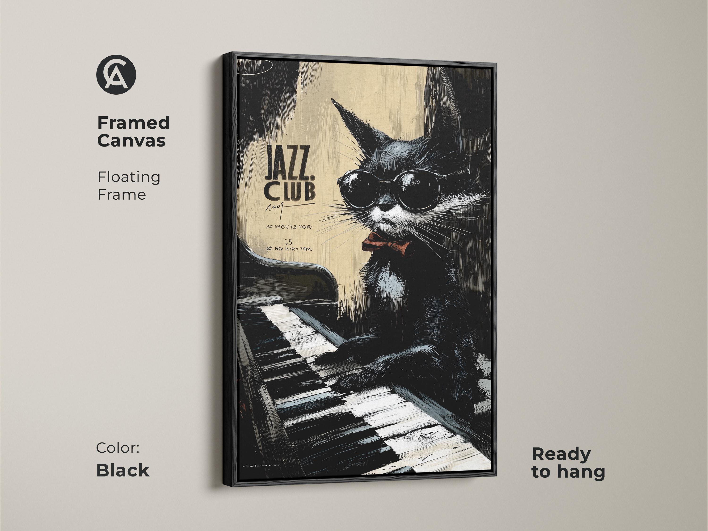 Jazz Cat Piano Wall Art, Retro Music Poster, Black Cat Art Print