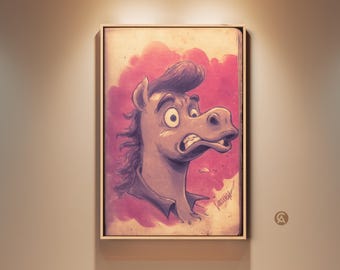 Funny Horse Cartoon Art Print, Pink Purple Horse Wall Art, Eclectic Office Decor, Gift for Horse Lovers, Whimsical Animal Artwork Canvas