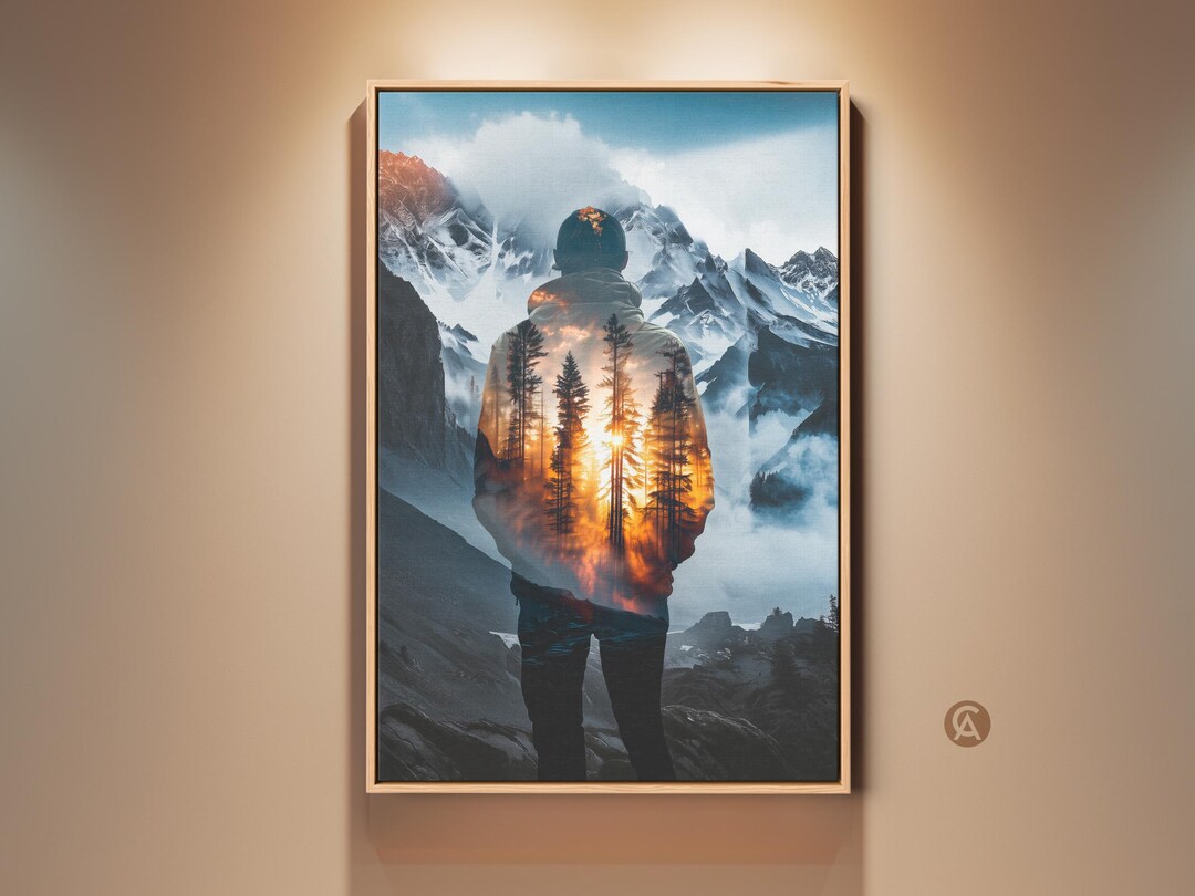 Double Exposure Mountain Forest Wall Art, Man in Hoodie Art Print ...
