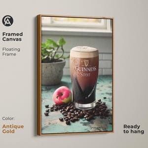 Vintage Guinness Stout Canvas Art Print, Coffee Lover Gift, Industrial Bar Decor, Rustic Kitchen Wall Art, Dark Brown Cream Artwork Antique Gold Floating Frame Canvas Print