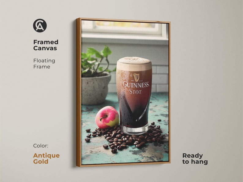 Vintage Guinness Stout Canvas Art Print, Coffee Lover Gift, Industrial Bar Decor, Rustic Kitchen Wall Art, Dark Brown Cream Artwork Antique Gold Floating Frame Canvas Print