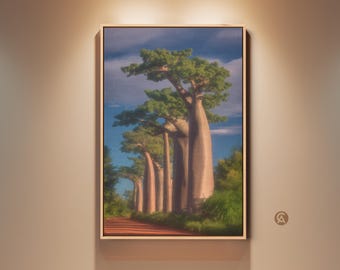 Baobab Trees Wall Art Print, African Landscape Canvas Print, Boho Home Decor, Realistic Nature Art for Bedroom
