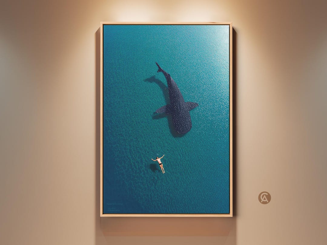 Whale Shark Art Print, Aerial Ocean Swimmer Wall Art, Deep Blue ...