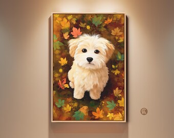 May include: A framed painting of a fluffy, cream-colored dog sitting amidst colorful autumn leaves. The dog has dark eyes and a sweet expression. The artwork is set against a backdrop of brown, green, and yellow foliage, creating a warm, inviting scene.