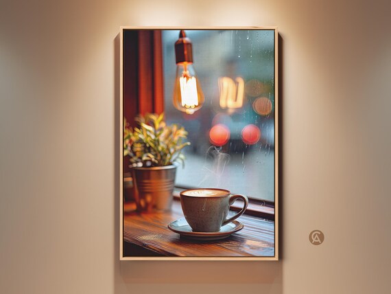 Cozy Coffee Cup Wall Art, Latte Art Print, Scandinavian Coffee Shop Decor, Housewarming Gift for Coffee Addicts, Brown Beige Orange Art