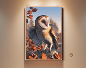 Schleiereule Kunstdruck, Realistische Wildtier Wandkunst, Herbst Blätter Natur Leinwand, Rustikale Wohnkultur, Geschenk für Vogelbeobachter