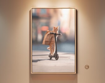 Kitten Riding Scooter Canvas Print, Orange Cat Art, Whimsical Urban Animals Wall Art, Gift for Cat Lovers, Eclectic Home Decor