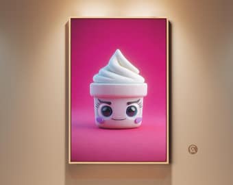 Cute Ice Cream Cone Wall Art Print, Kawaii Soft Serve Canvas Art, Pink Magenta Abstract Food Painting, Kids Birthday Gift, Kitchen Decor