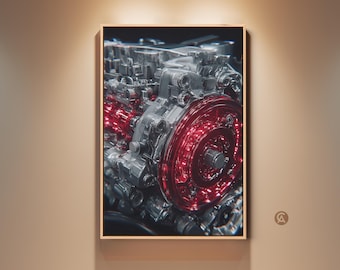 May include: A framed print showcasing a detailed view of an engine's internal components. The image highlights the metallic silver and red elements of the engine, with a focus on the circular, glowing red component. The artwork is displayed on a neutral-toned wall.