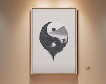 Yin Yang Wolf Wall Art, Minimalist Ink Wash Art Print, Black and White Nature Spirituality Canvas Print