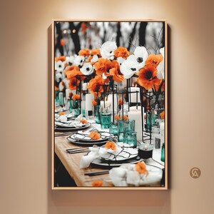 Orange White Anemone Floral Art Print, Contemporary Dining Room Wall Art, Elegant Table Setting Canvas Print, Wedding Decor Gift